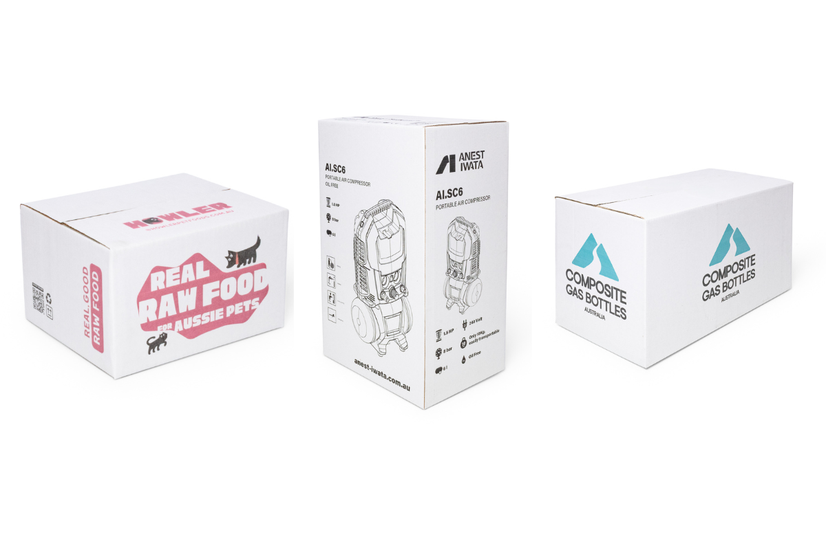 white cardboard boxes with colour printed designs